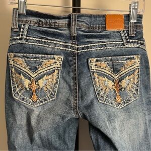 EUC Danesi Wing Bling Thick Stitch Embroidered Western Boot Cut Blue Jeans Sz 3